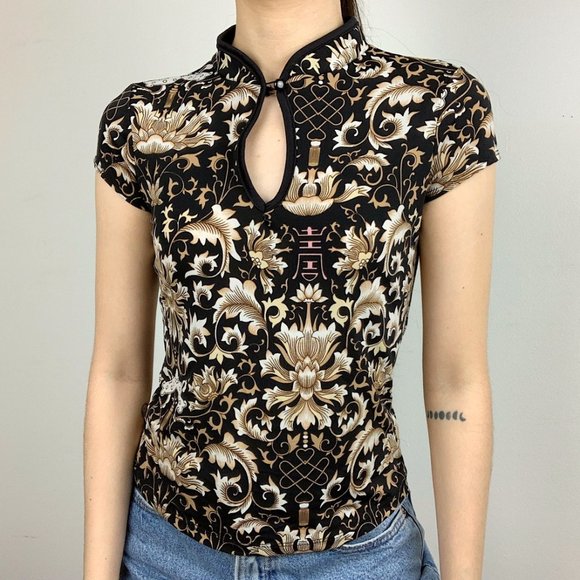 Vintage 90s Y2K Black Brown Asian Top Cheongsam - Picture 5 of 7